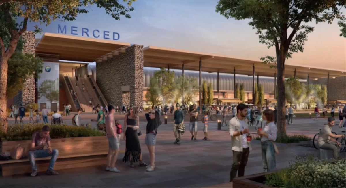 A drawing shows the proposed downtown Merced station for the California High-Speed Rail.
